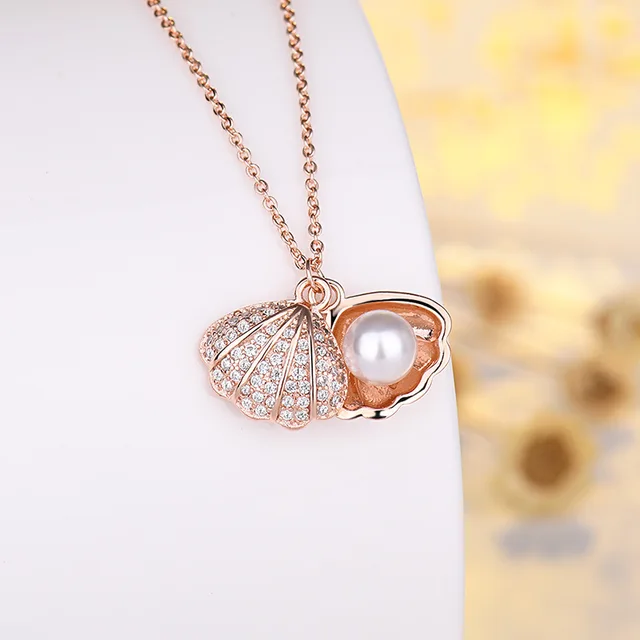 Sea Shell Pearl Pendant With Chain Studded With Cubic Zircona American Diamonds - Rose Gold