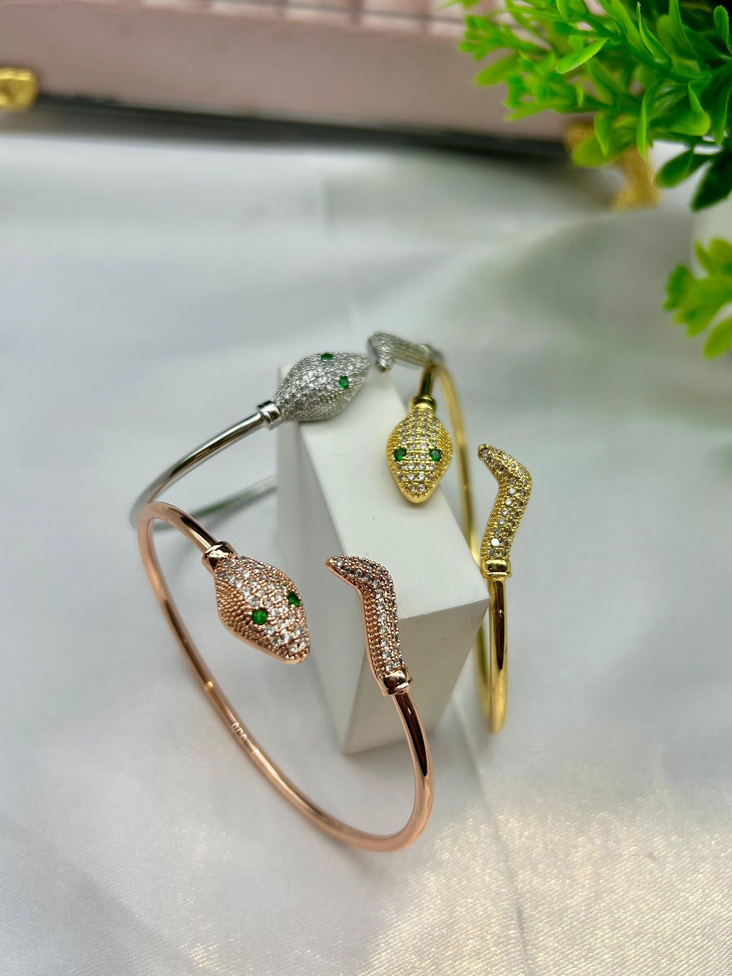 Rose Gold Snake Bracelet with Green Crystal Eyes – Elegant Serpent Open Bracelet Kada Anti Tarnish Everyday Wear Jewellery For Women & Girls