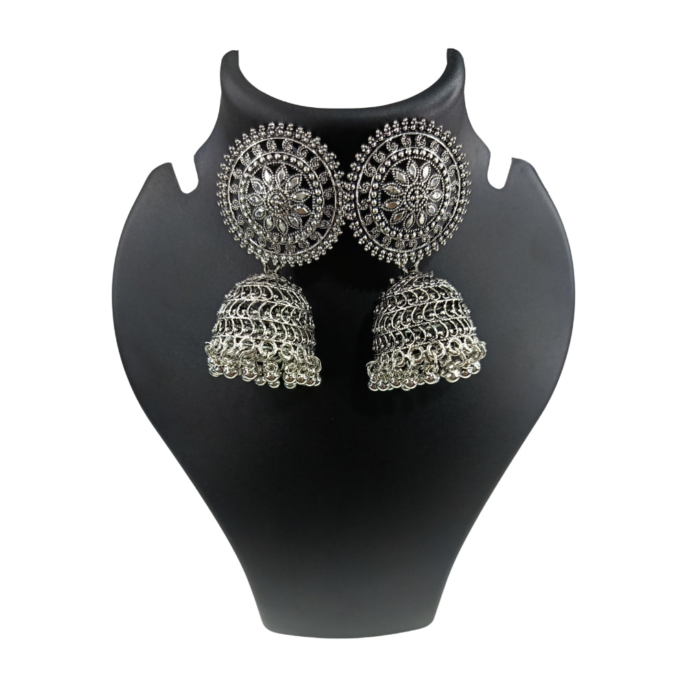 Oxidised Silver Jhumka Earrings For Girls And Women Round Design