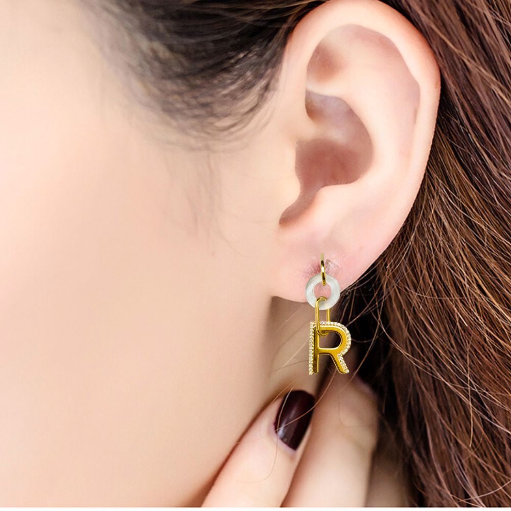 Zircon Studded Earrings Letter R Gold Plated For Girls Women
