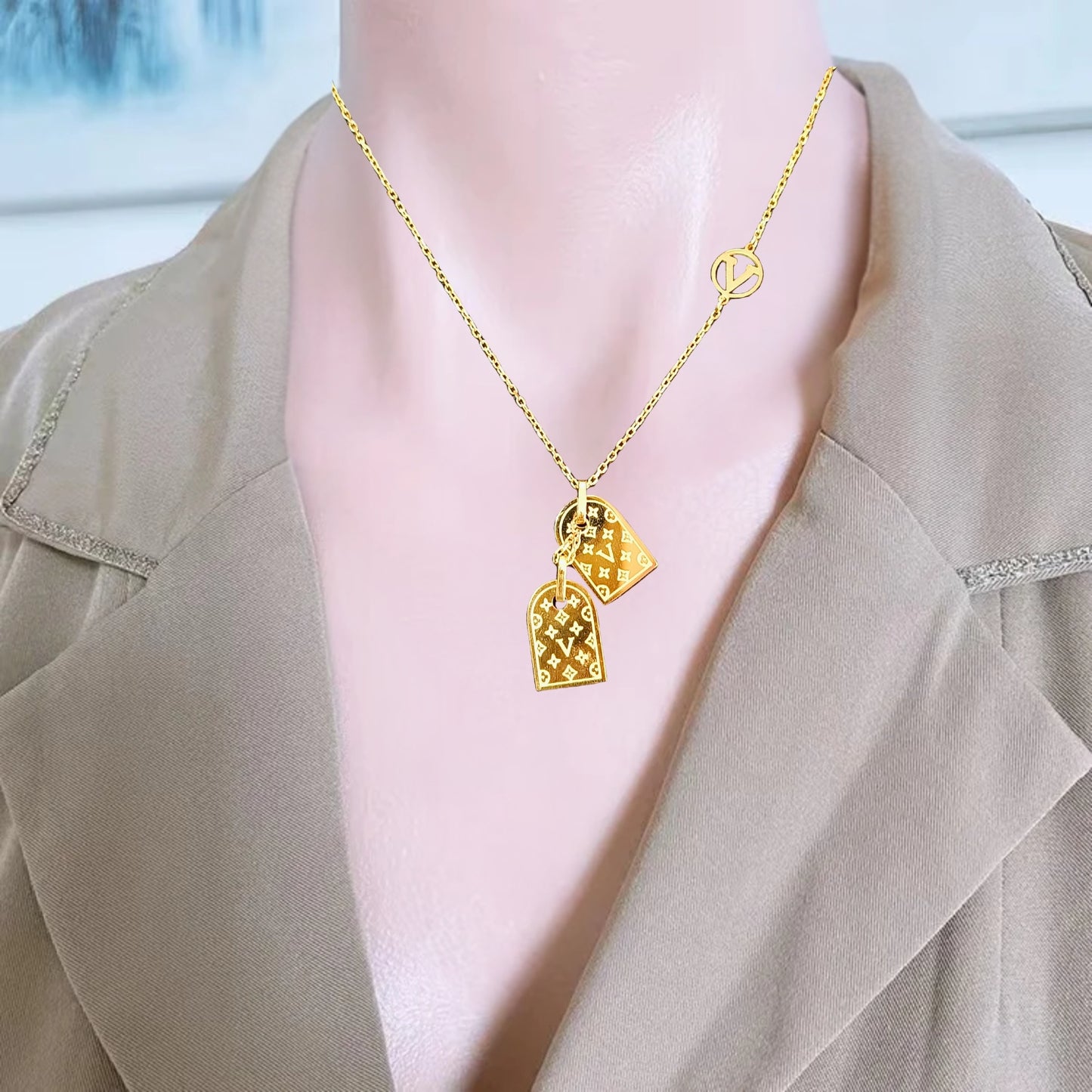 Jewelryklub Gold Plated LV Pendant Necklace Chain For Women Girls Anti Tarnish Stainless Steel