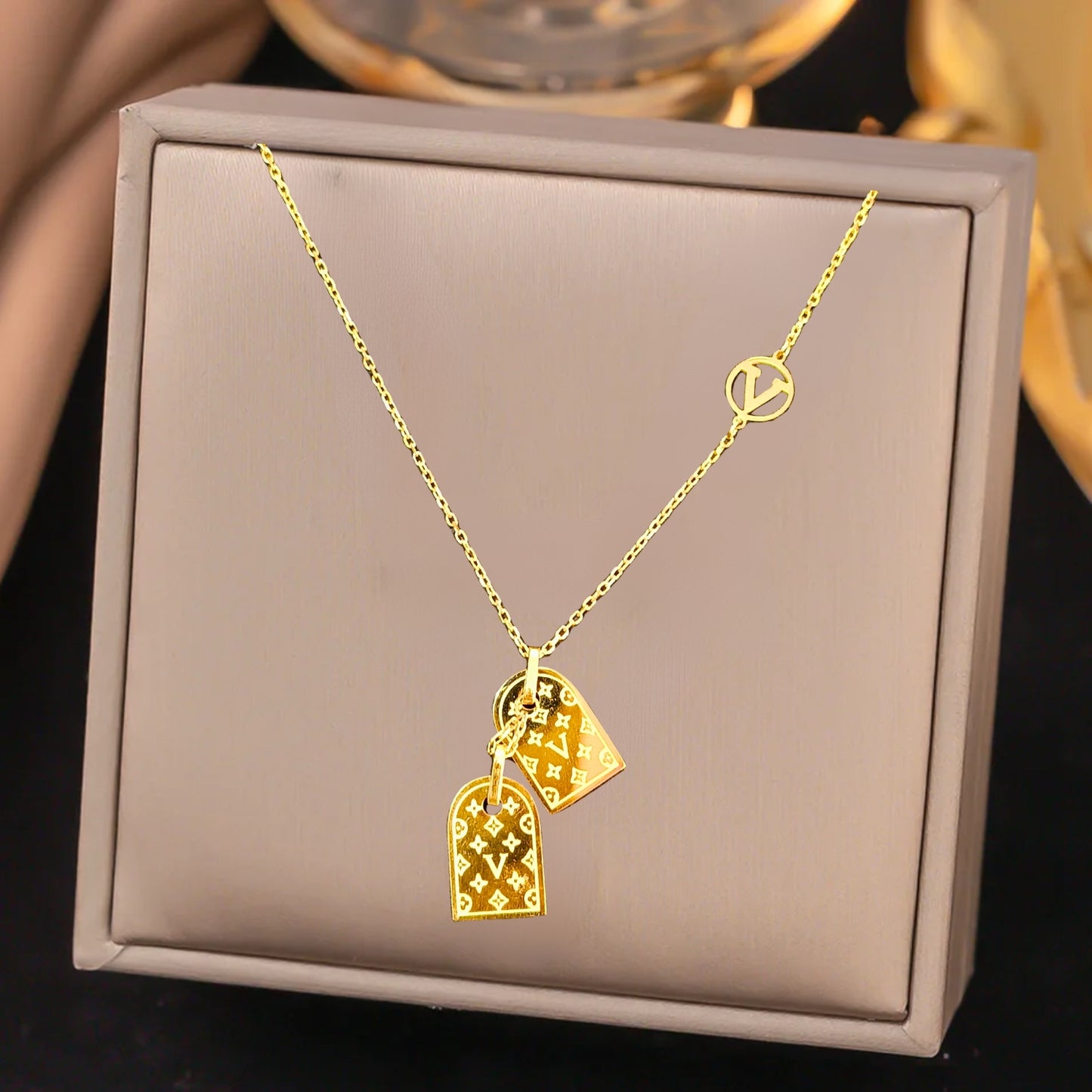 Jewelryklub Gold Plated LV Pendant Necklace Chain For Women Girls Anti Tarnish Stainless Steel