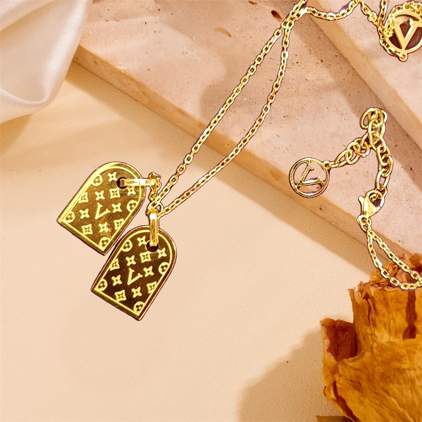 Jewelryklub Gold Plated LV Pendant Necklace Chain For Women Girls Anti Tarnish Stainless Steel