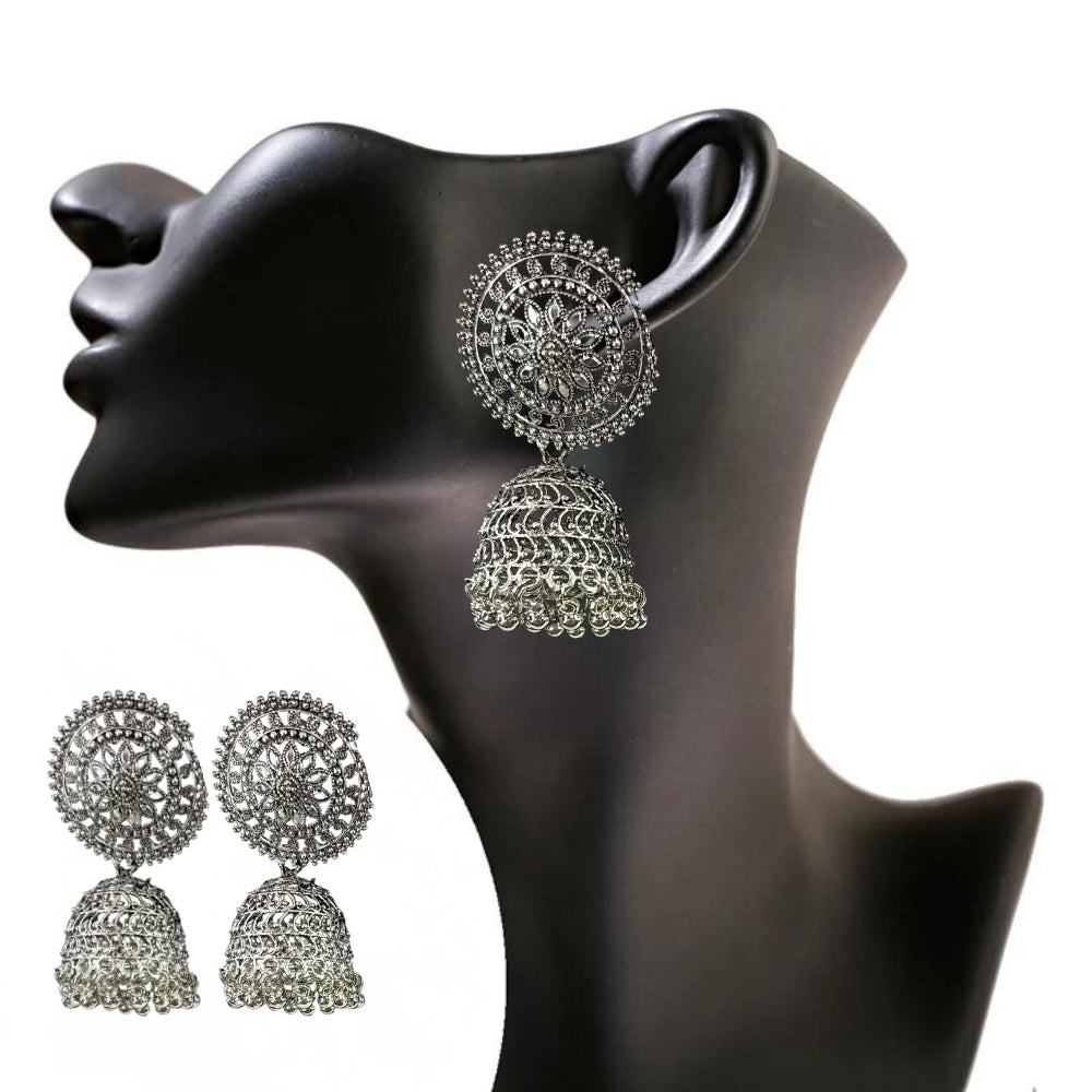 Oxidised Silver Jhumka Earrings For Girls And Women Round Design