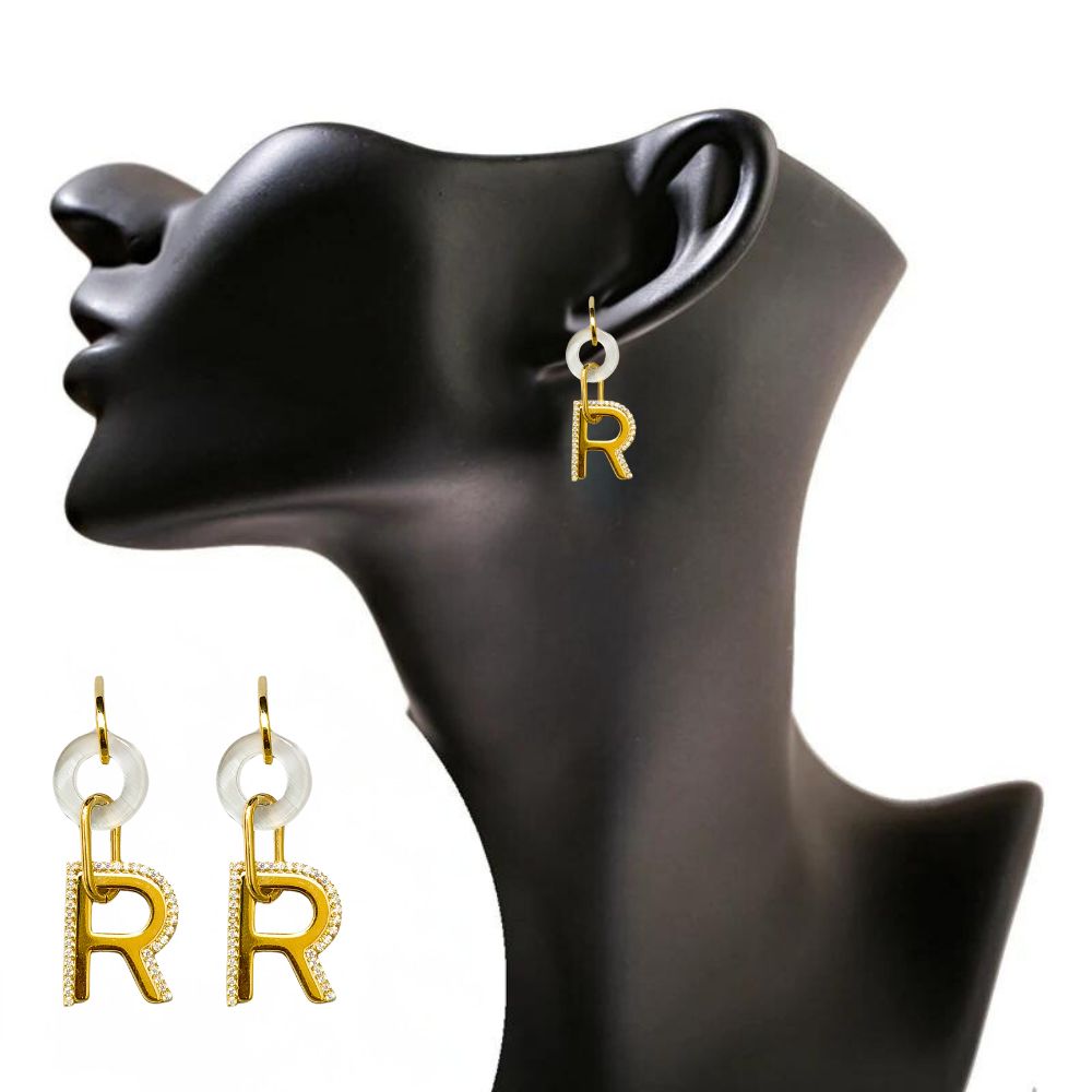 Zircon Studded Earrings Letter R Gold Plated For Girls Women