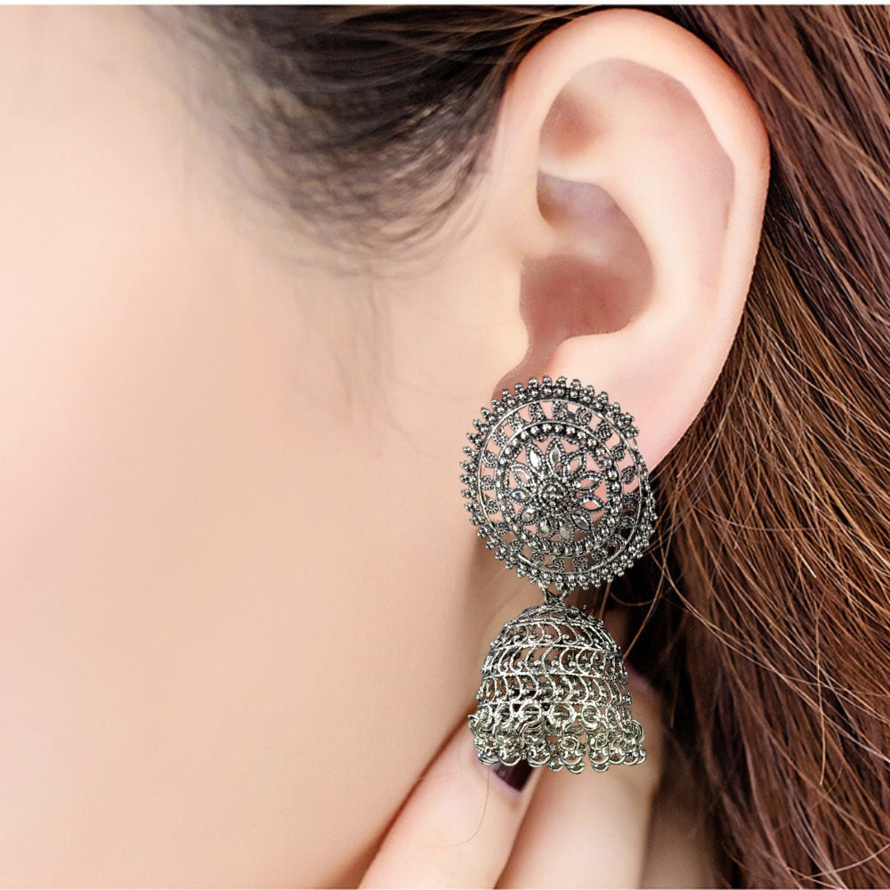 Oxidised Silver Jhumka Earrings For Girls And Women Round Design