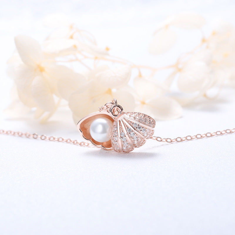 Sea Shell Pearl Pendant With Chain Studded With Cubic Zircona American Diamonds - Rose Gold