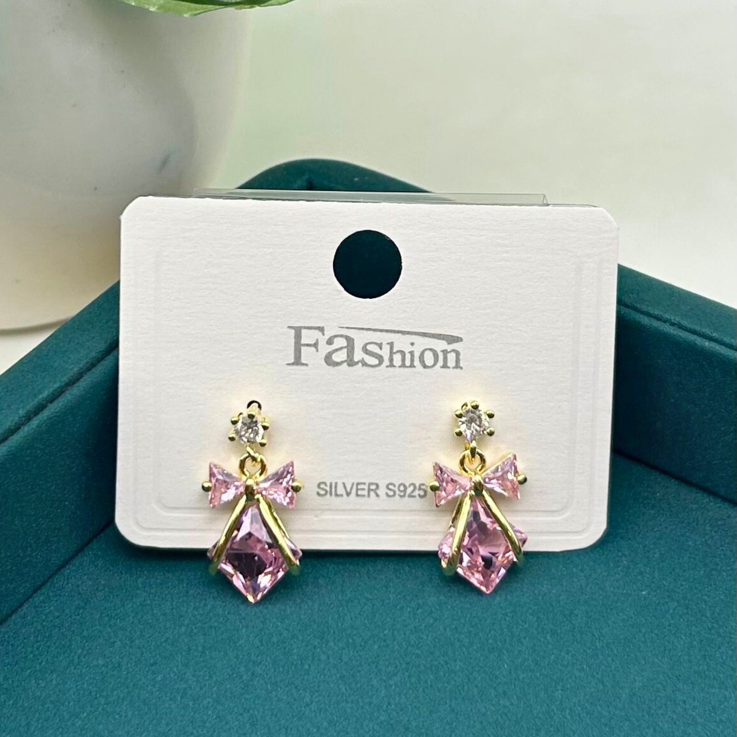 92.5 Sterling Silver Plating Elegant Pink Bow Drop Earrings