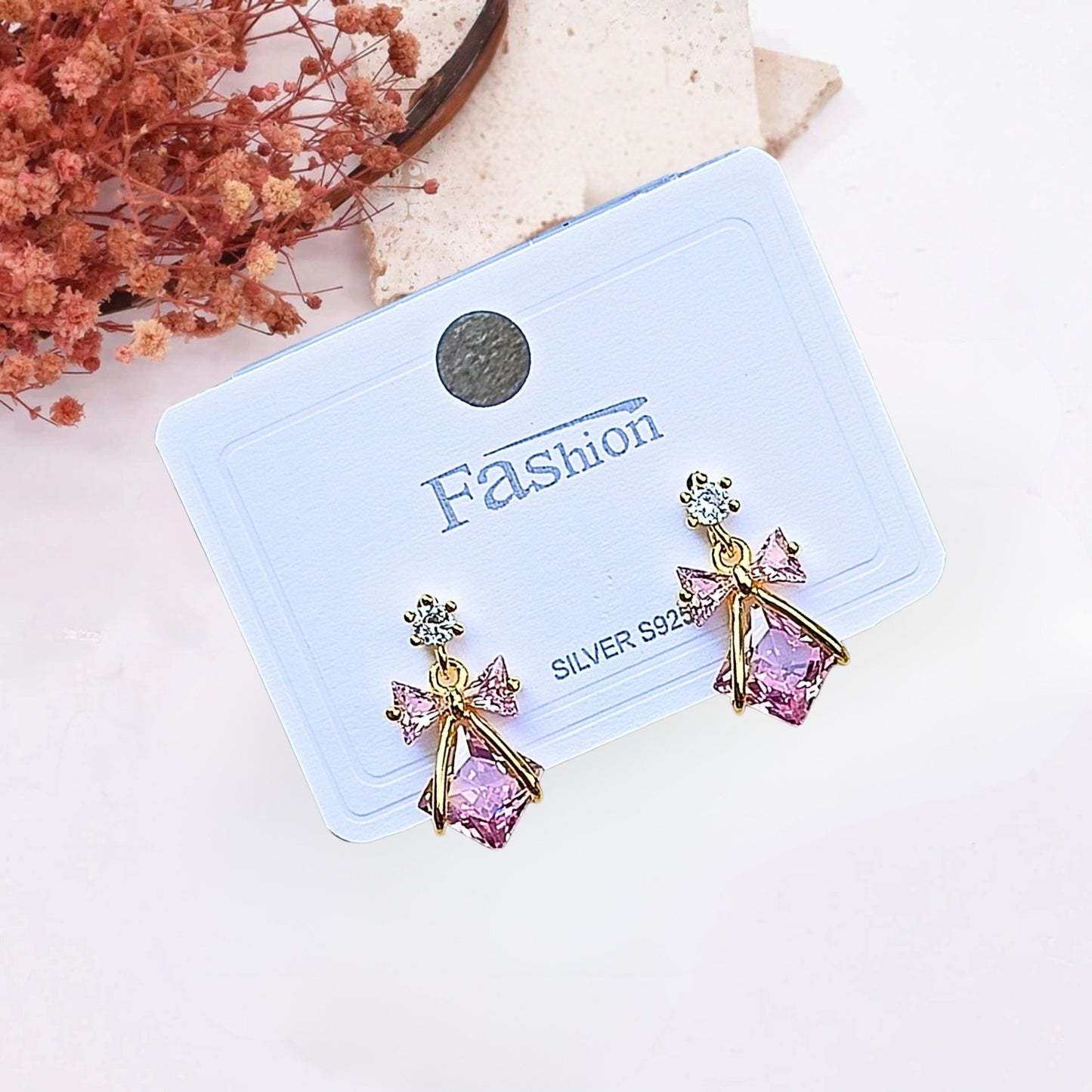 92.5 Sterling Silver Plating Elegant Pink Bow Drop Earrings
