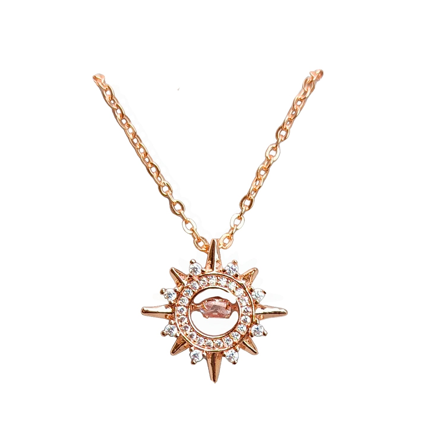 Dancing Diamond Sun Shape Pendant With Chain - Rose Gold