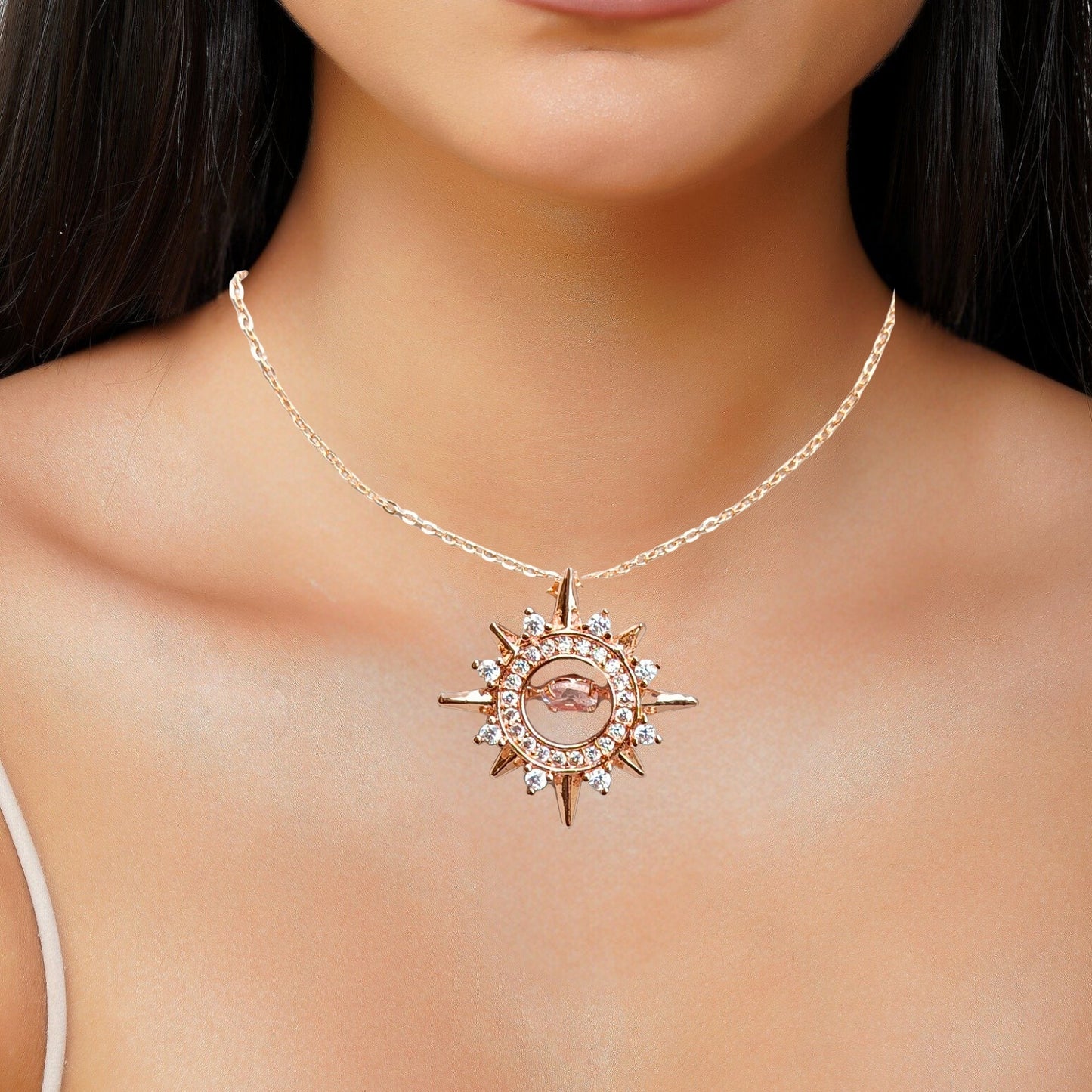 Dancing Diamond Sun Shape Pendant With Chain - Rose Gold