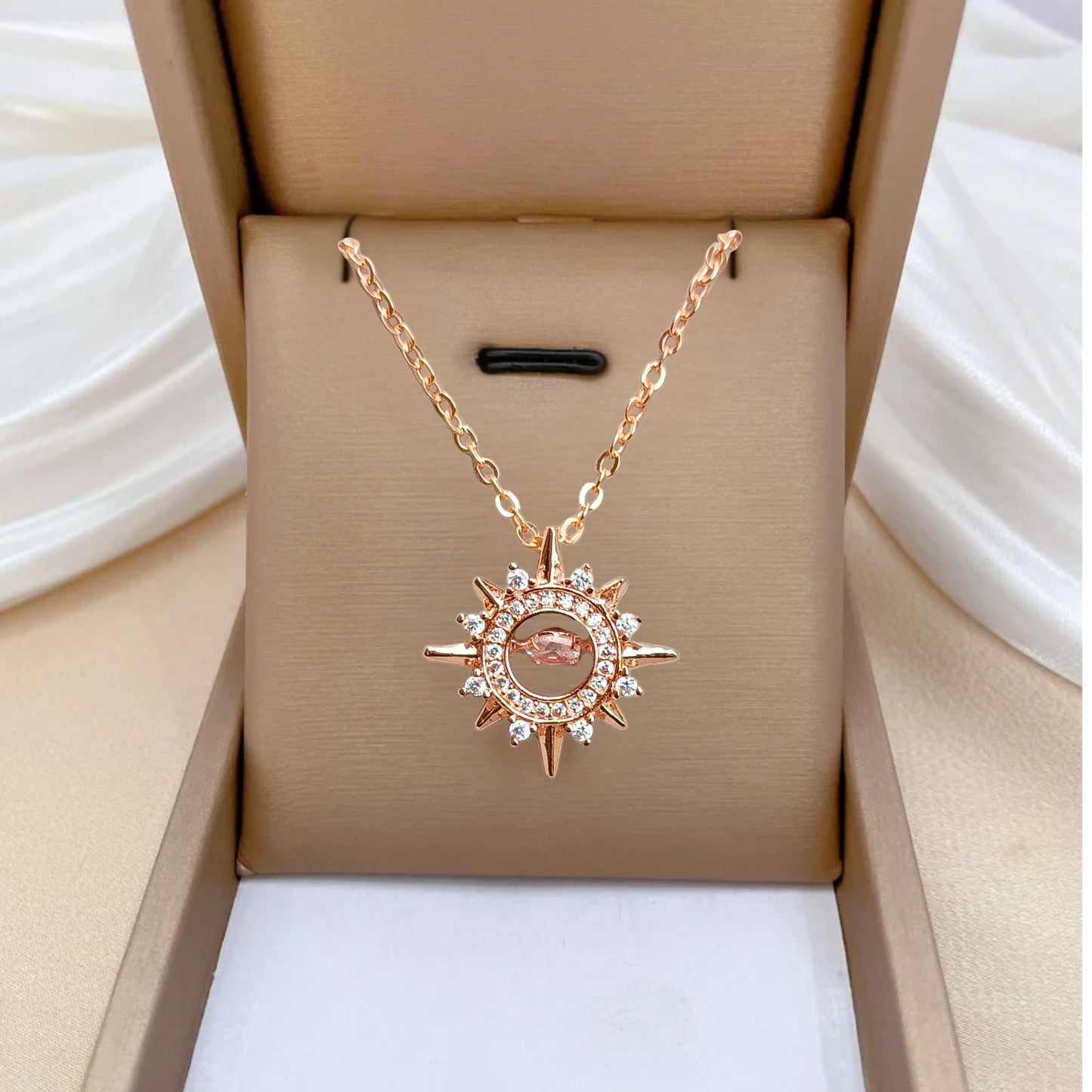 Dancing Diamond Sun Shape Pendant With Chain - Rose Gold