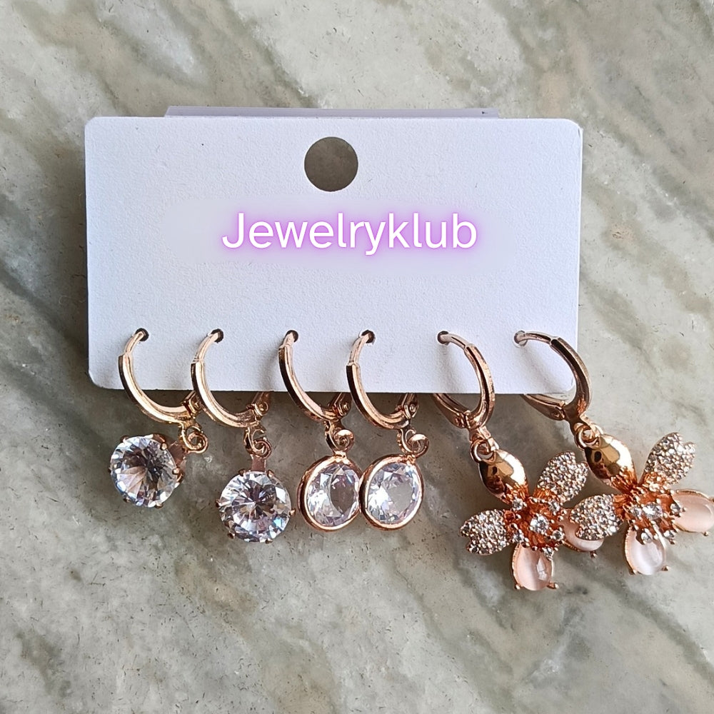 Combo Of 3 Pairs Rose Gold Plated Zircon Studded AD Earrings For Girls Women Design 4