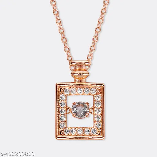 Dancing Diamond Perfume Bottle Shape Pendant With Chain - Rose Gold
