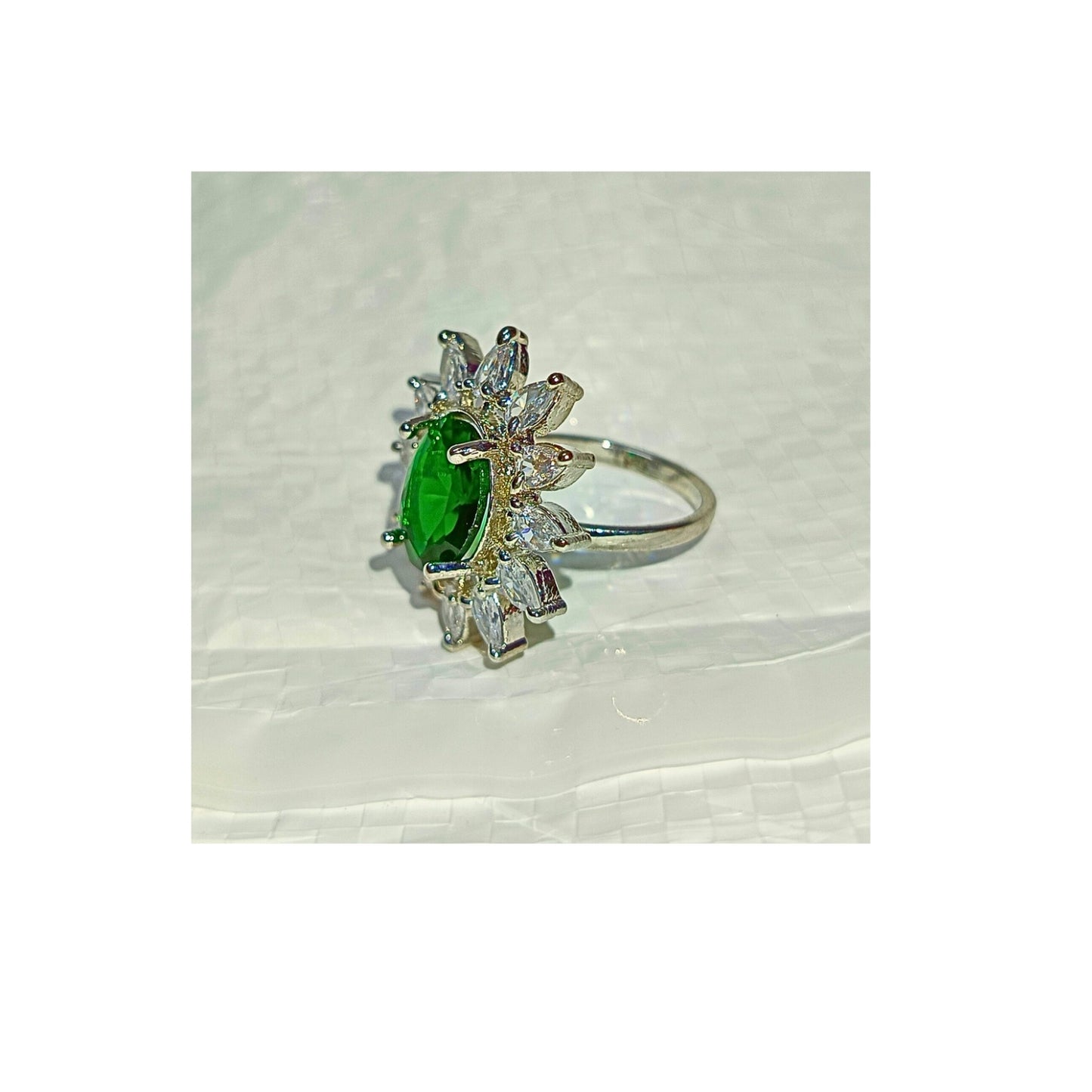 Adjustable American Diamond Ring With Green Oval Colored Stone