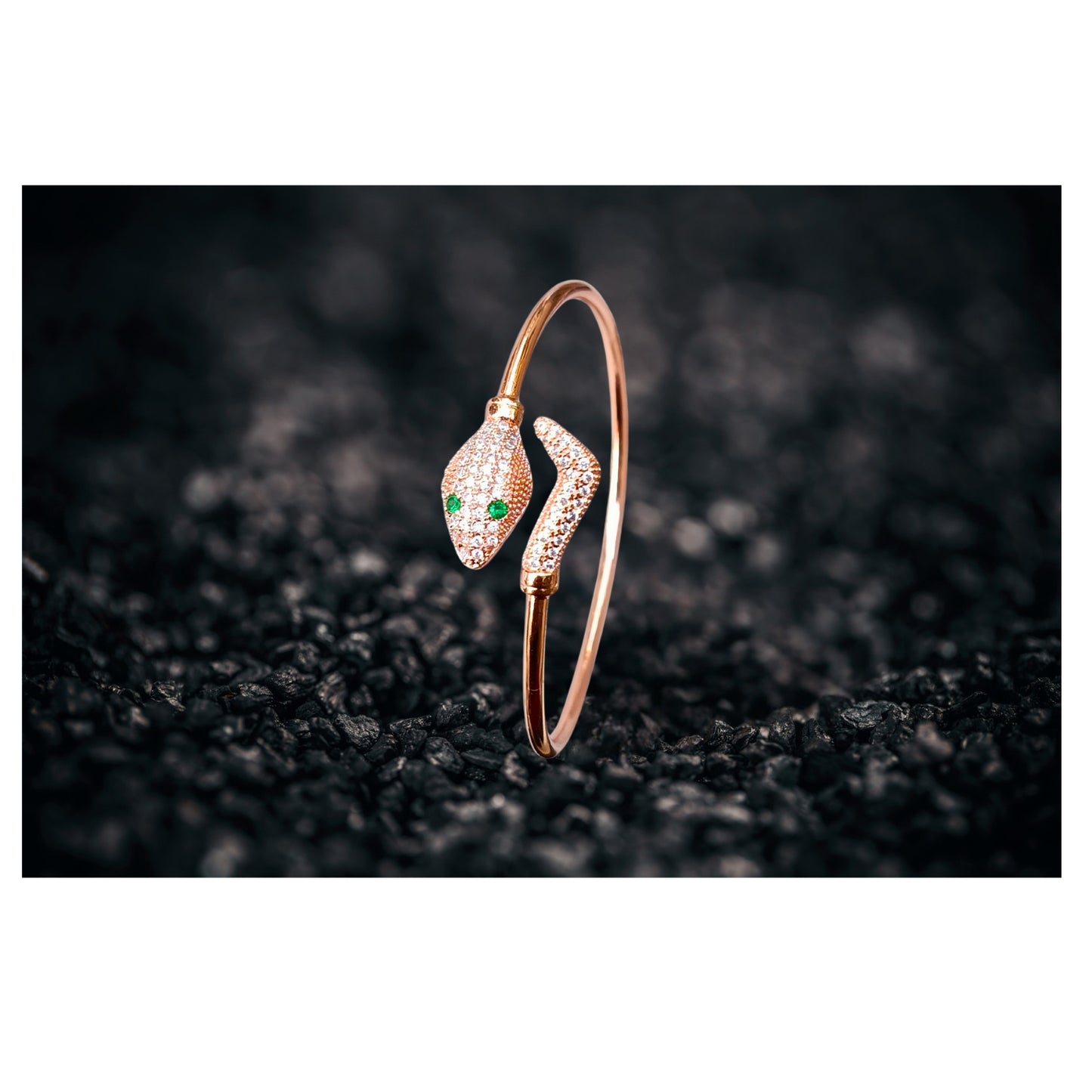 Rose Gold Snake Bracelet with Green Crystal Eyes – Elegant Serpent Open Bracelet Kada Anti Tarnish Everyday Wear Jewellery For Women & Girls