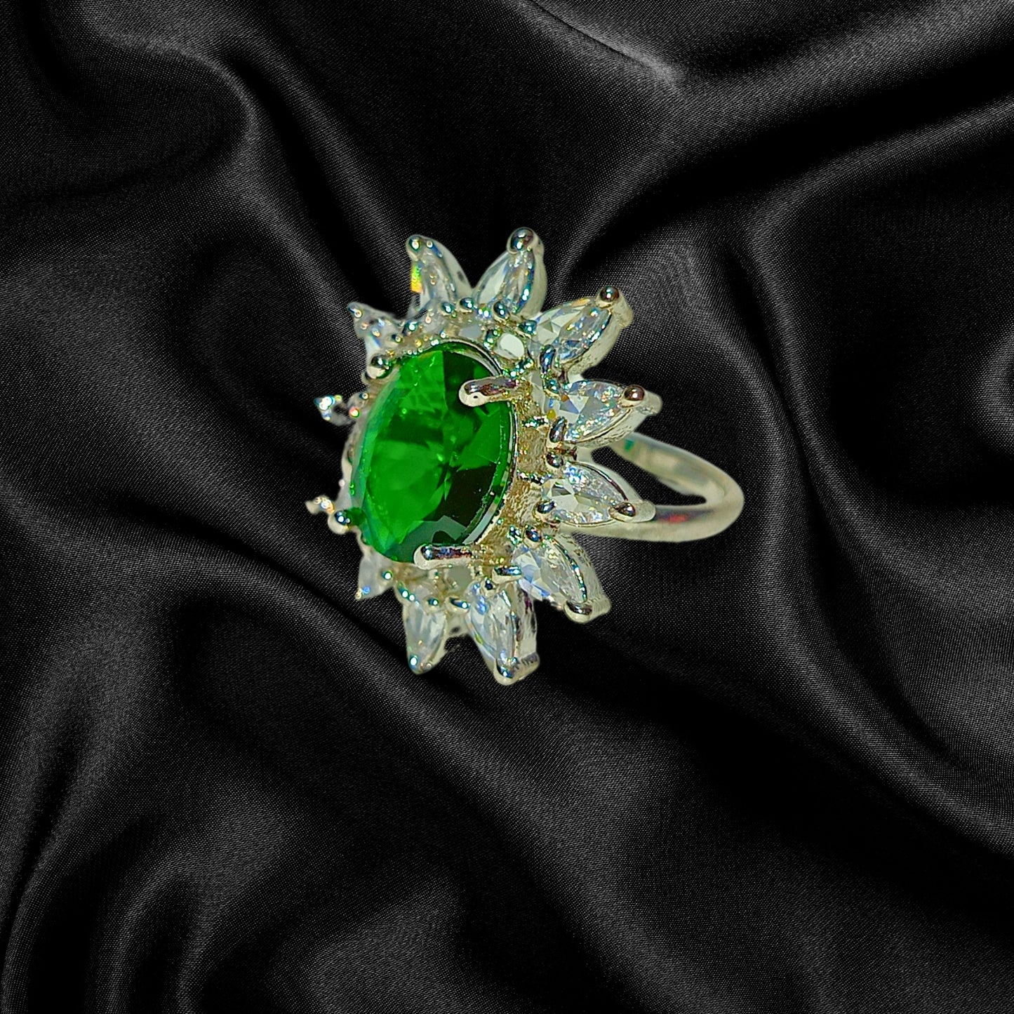 Adjustable American Diamond Ring With Green Oval Colored Stone