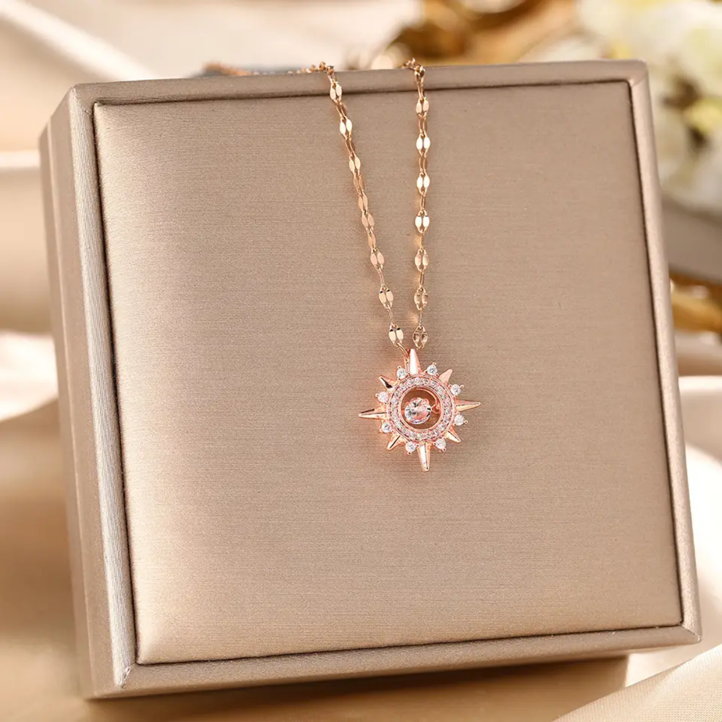 Dancing Diamond Sun Shape Pendant With Chain - Rose Gold