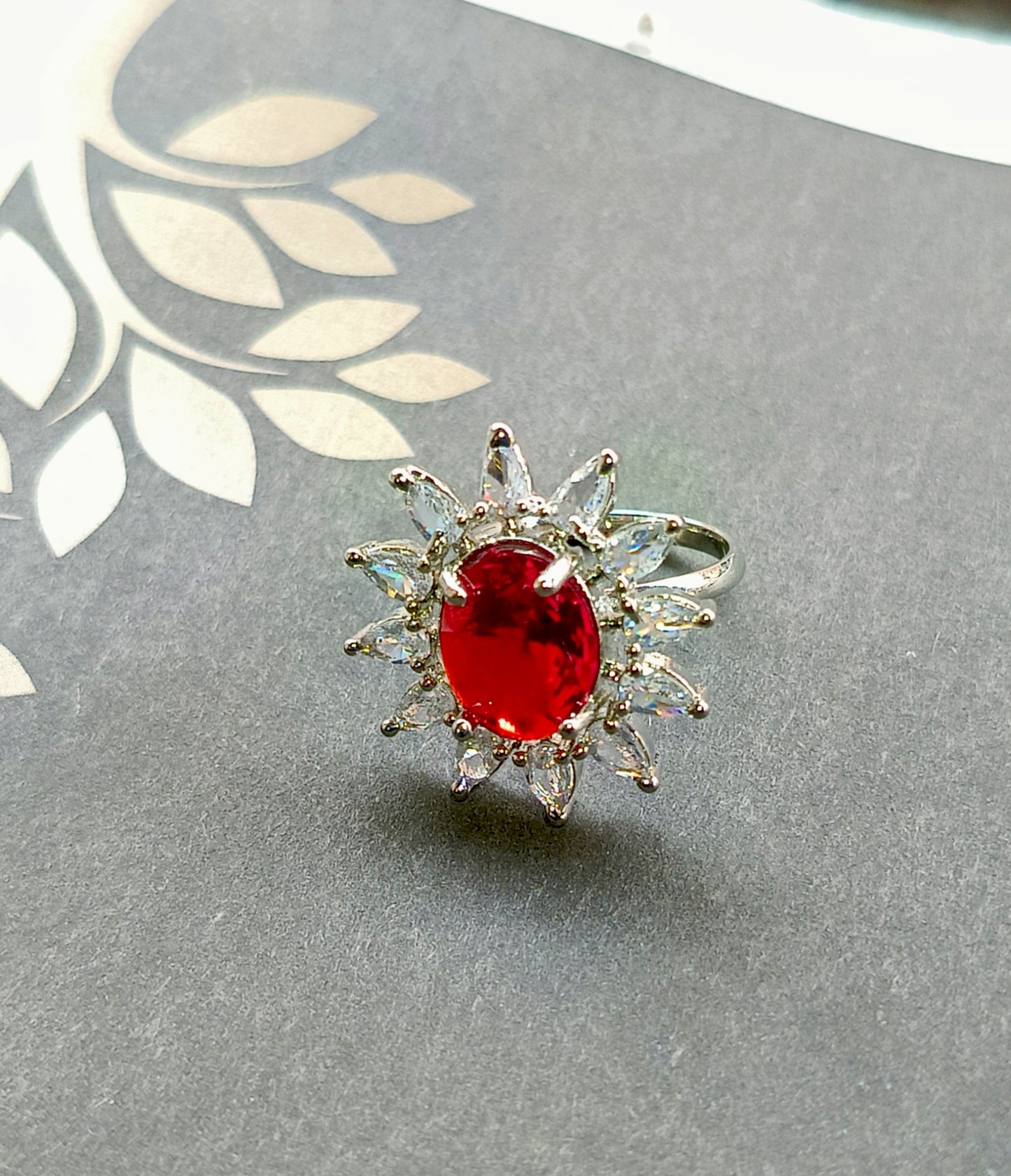 Adjustable American Diamond Ring With Red Oval Colored Stone