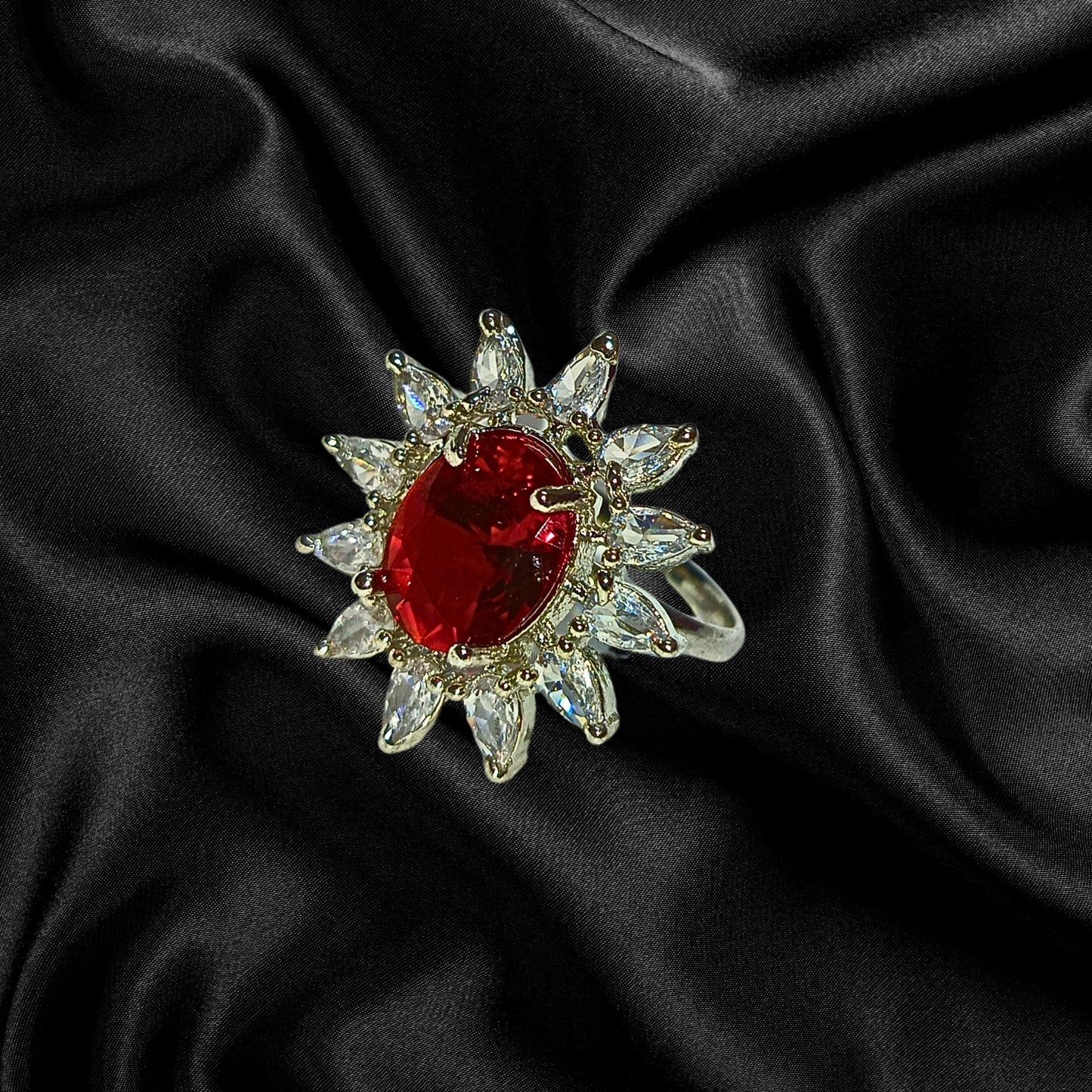 Adjustable American Diamond Ring With Red Oval Colored Stone
