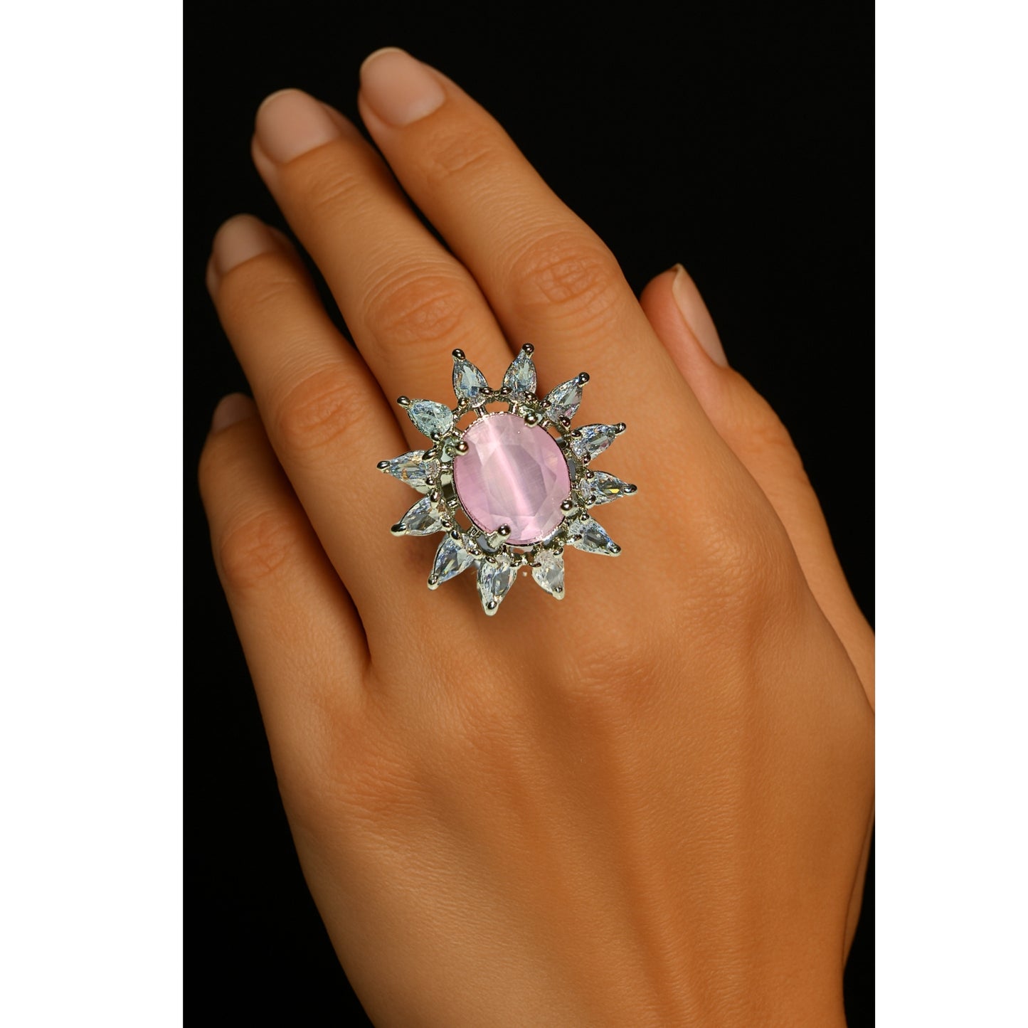 Adjustable American Diamond Ring With Pink Oval Colored Stone