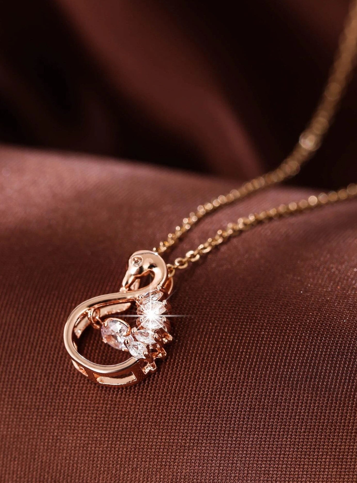 Dancing Diamond Swan Shape Pendant With Chain - Rose Gold