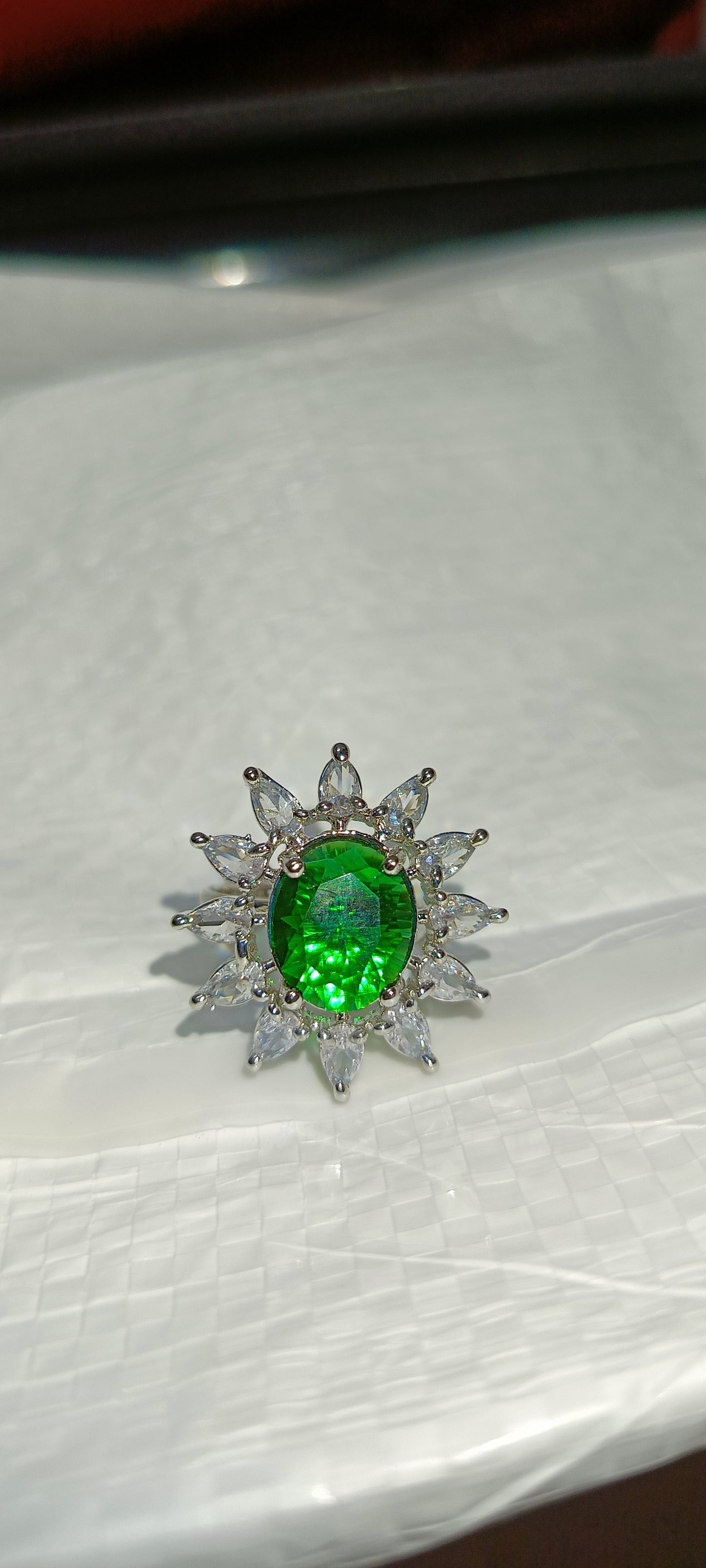 Adjustable American Diamond Ring With Green Oval Colored Stone