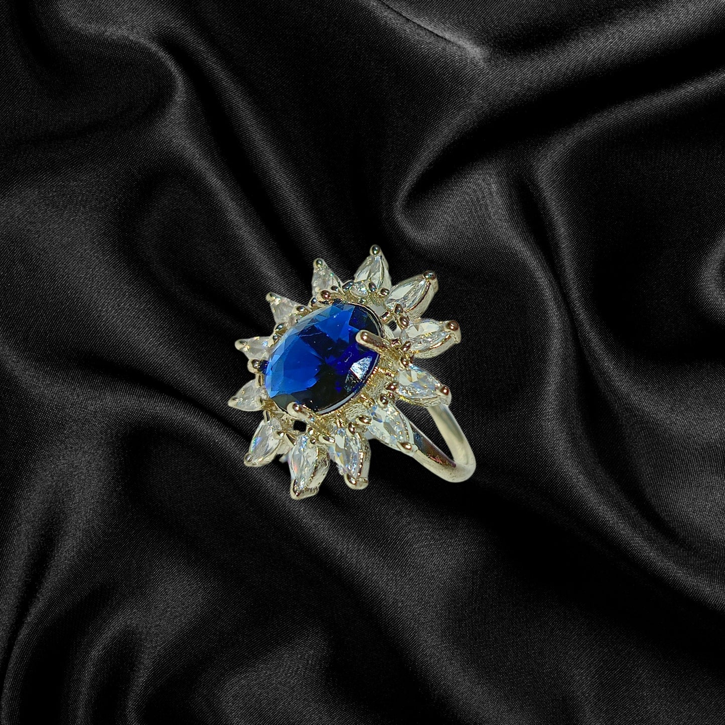 Adjustable American Diamond Ring With Blue Oval Colored Stone