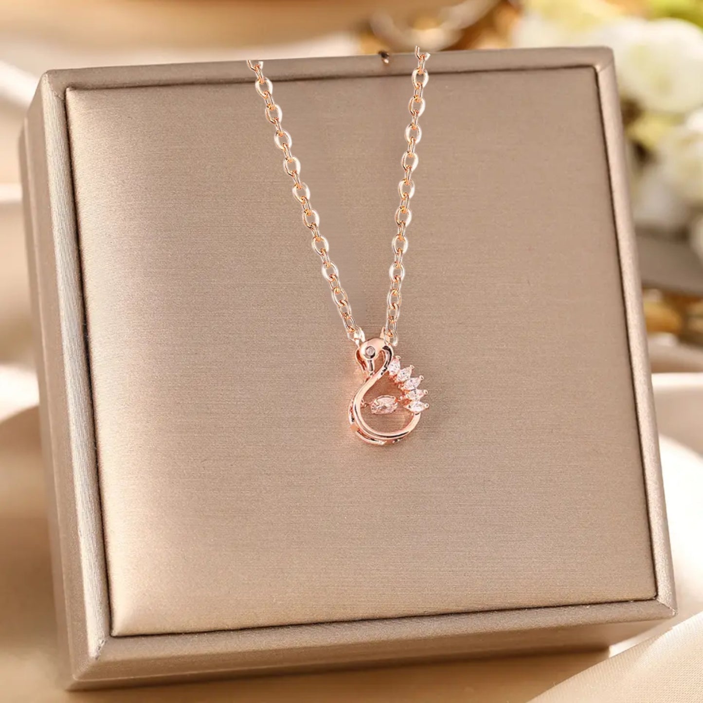 Dancing Diamond Swan Shape Pendant With Chain - Rose Gold