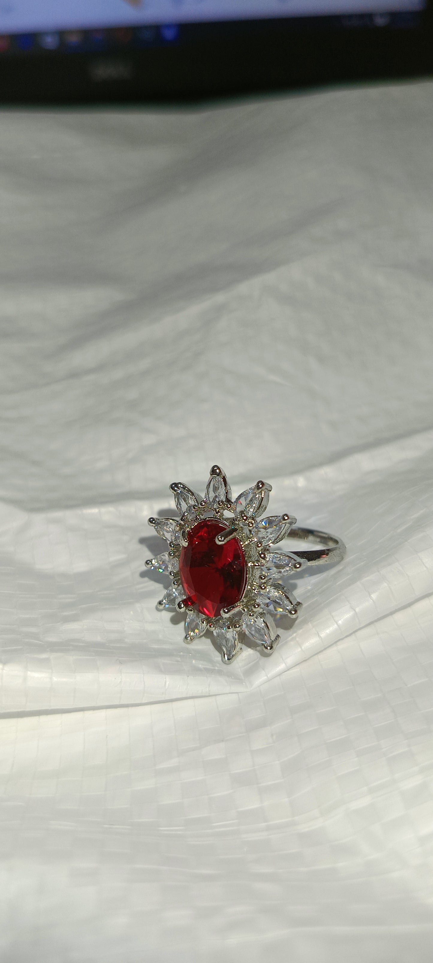 Adjustable American Diamond Ring With Red Oval Colored Stone