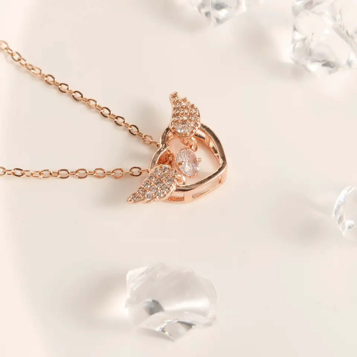 Dancing Diamond Angel Wings Shape Pendant With Chain - Rose Gold