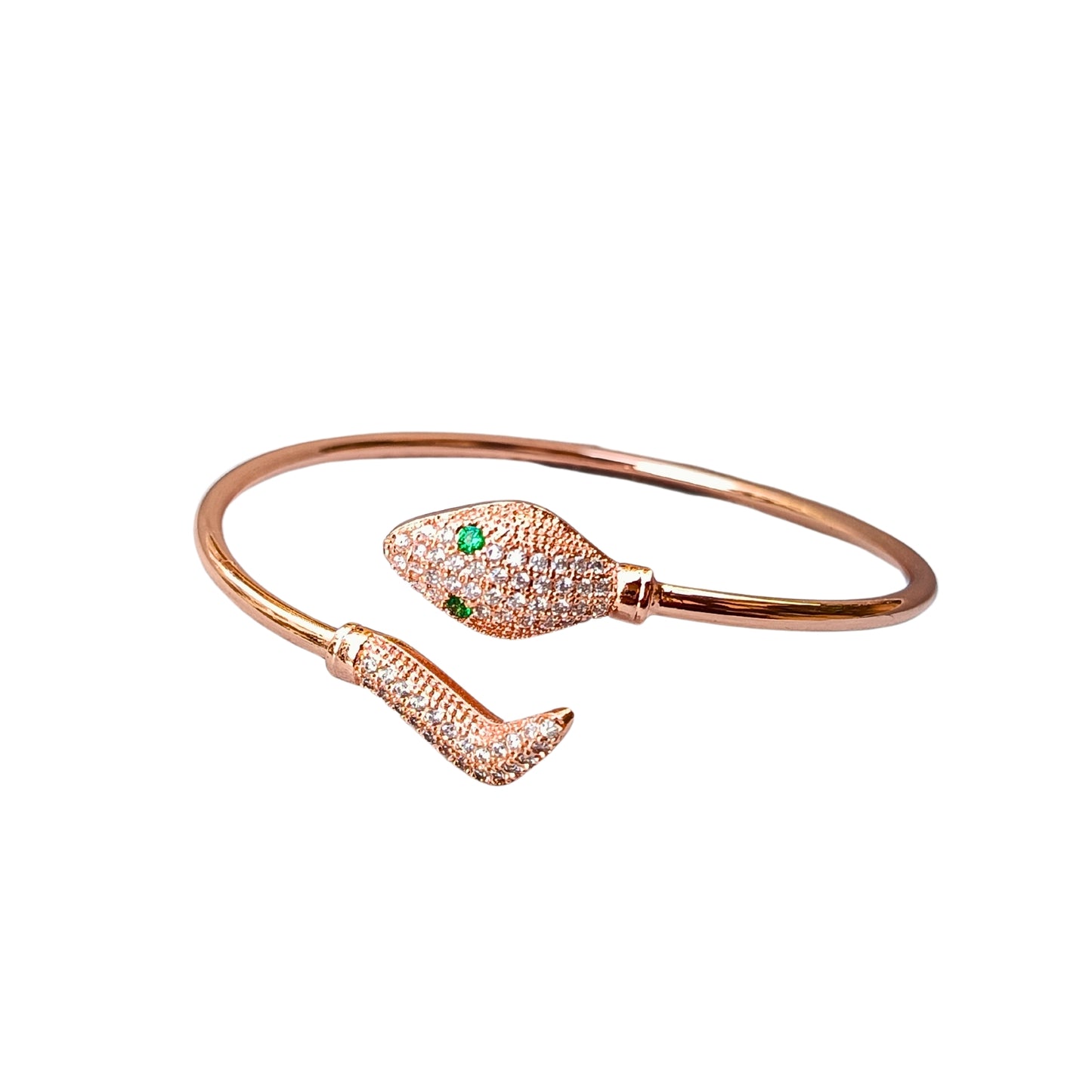Rose Gold Snake Bracelet with Green Crystal Eyes – Elegant Serpent Open Bracelet Kada Anti Tarnish Everyday Wear Jewellery For Women & Girls