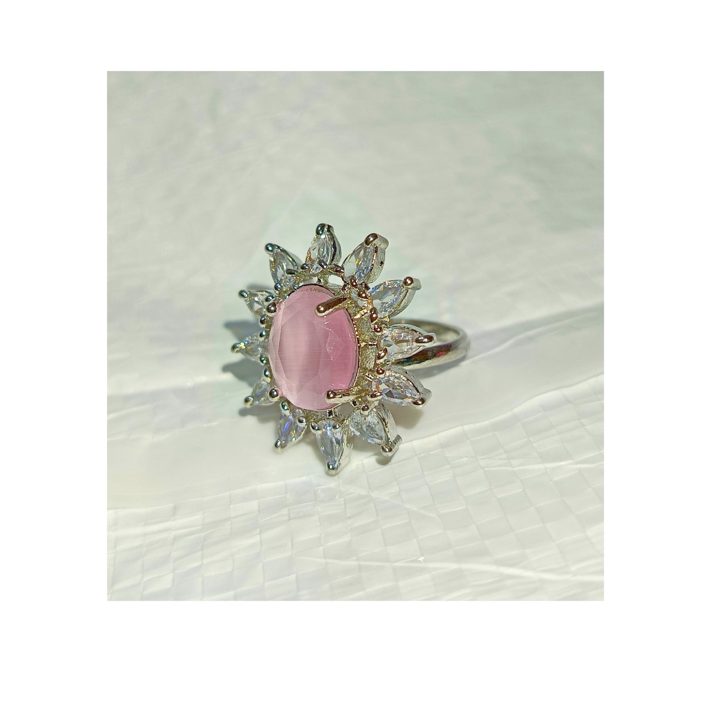 Adjustable American Diamond Ring With Pink Oval Colored Stone
