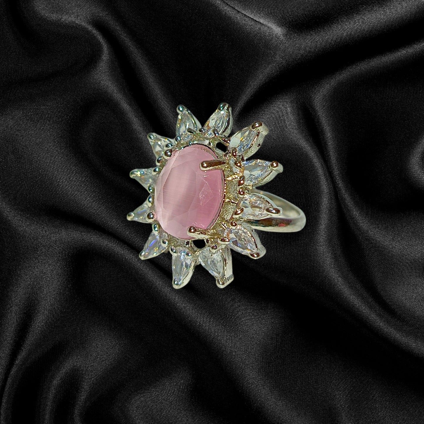 Adjustable American Diamond Ring With Pink Oval Colored Stone