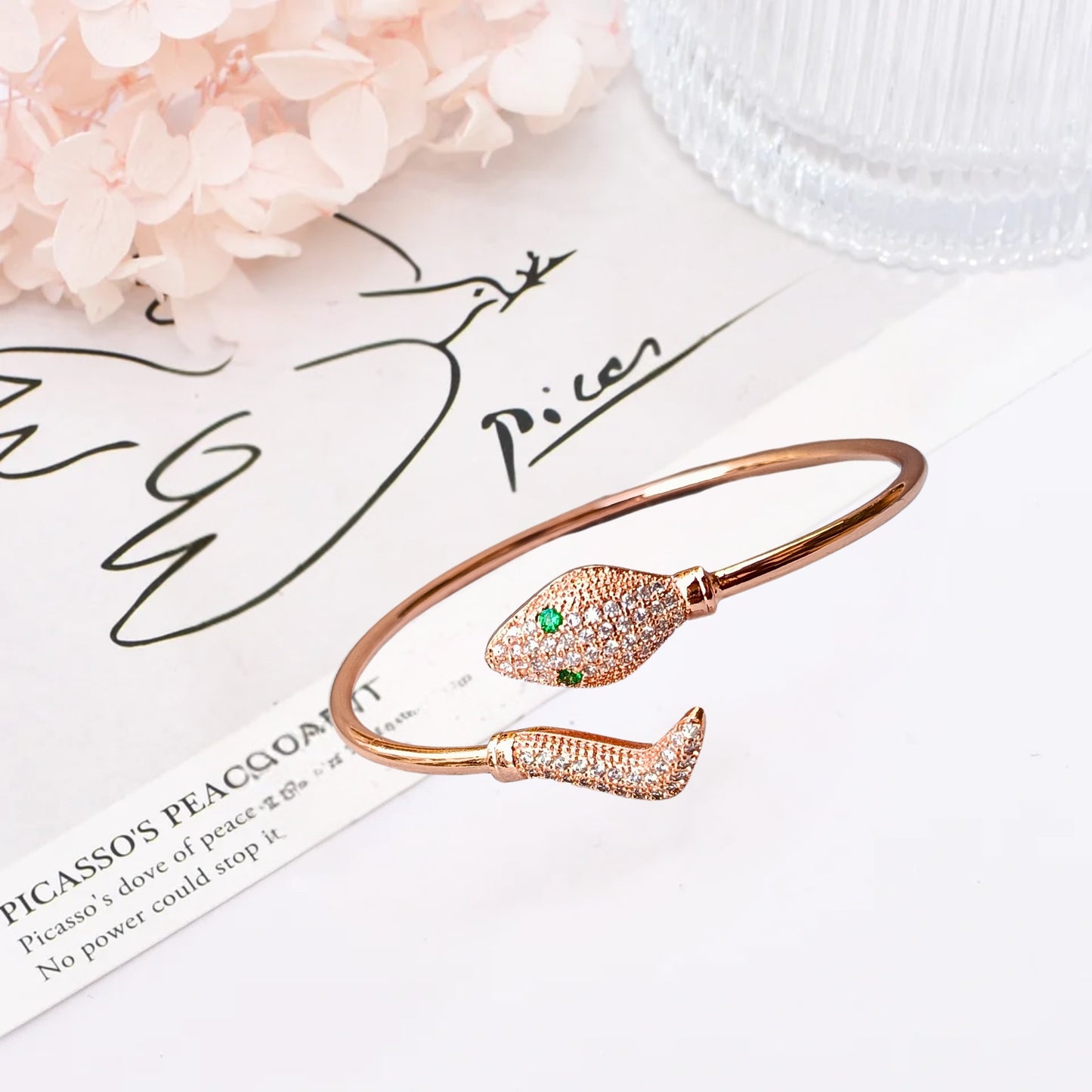 Rose Gold Snake Bracelet with Green Crystal Eyes – Elegant Serpent Open Bracelet Kada Anti Tarnish Everyday Wear Jewellery For Women & Girls