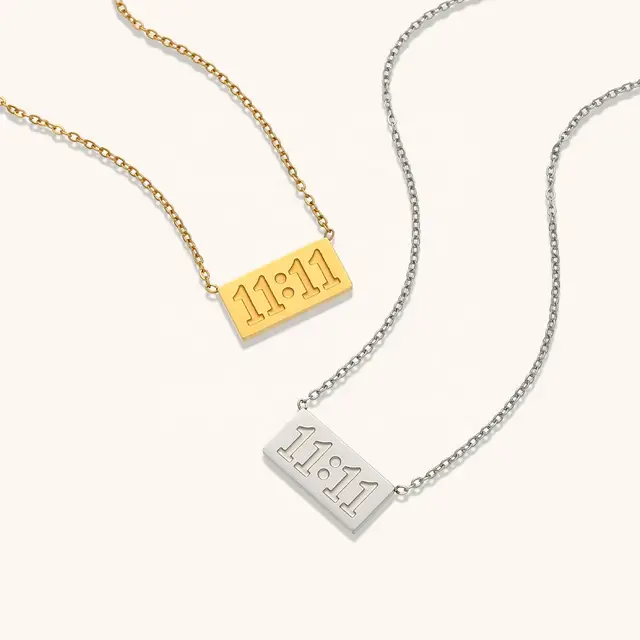 11:11 silver necklace with rectangular pendant and chain, ideal for manifestation and minimalist style.