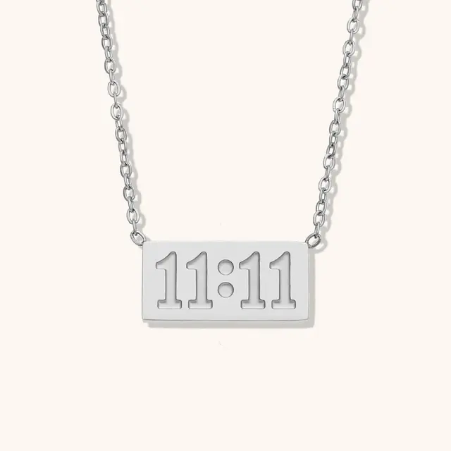 11:11 silver necklace with rectangular pendant and chain, ideal for manifestation and minimalist style.