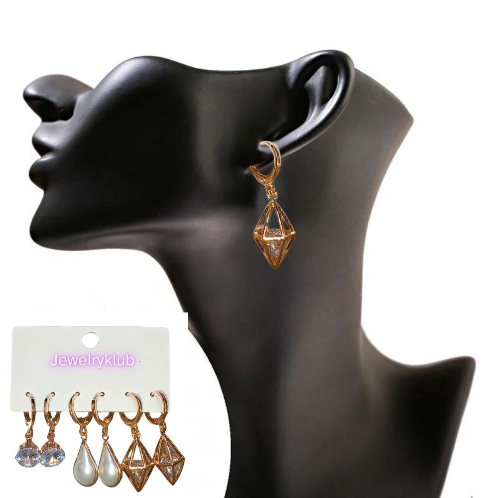 Combo Of 3 Pairs Rose Gold Plated Zircon Studded AD Earrings For Girls Women Design 5