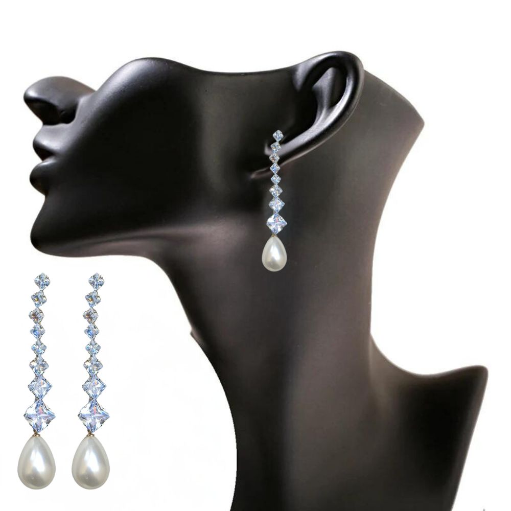 American Diamond Long Earrings With Pearl Stone For Girls Women