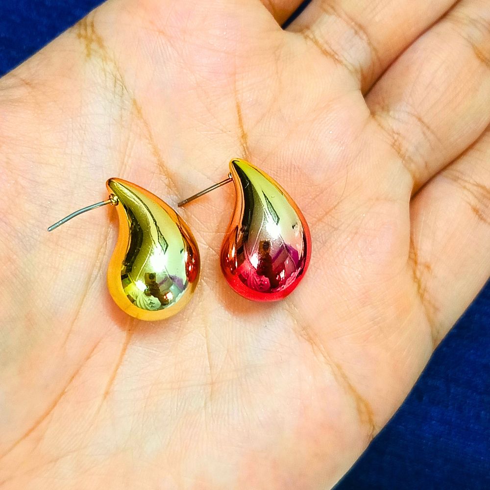 Dual Metallic Colored Chunky Tear Drop Fashion Jewelry Earrings For Women & Girls - Maroon Gold