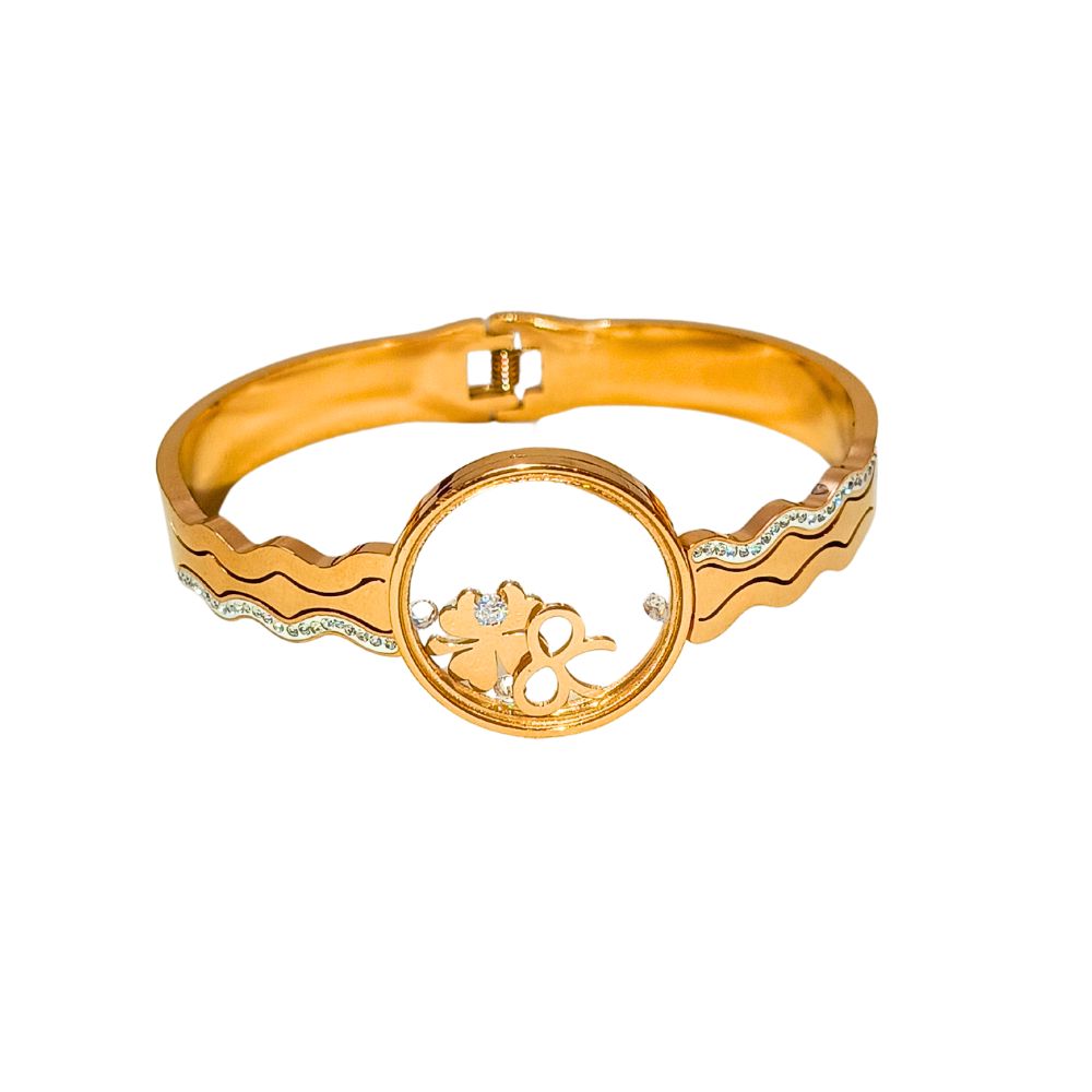 Anti Tarnish Stainless Steel Rose Gold Plated American Diamonds Bracelet Kada With Transparent Glass With Small American Diamonds For Girls & Women
