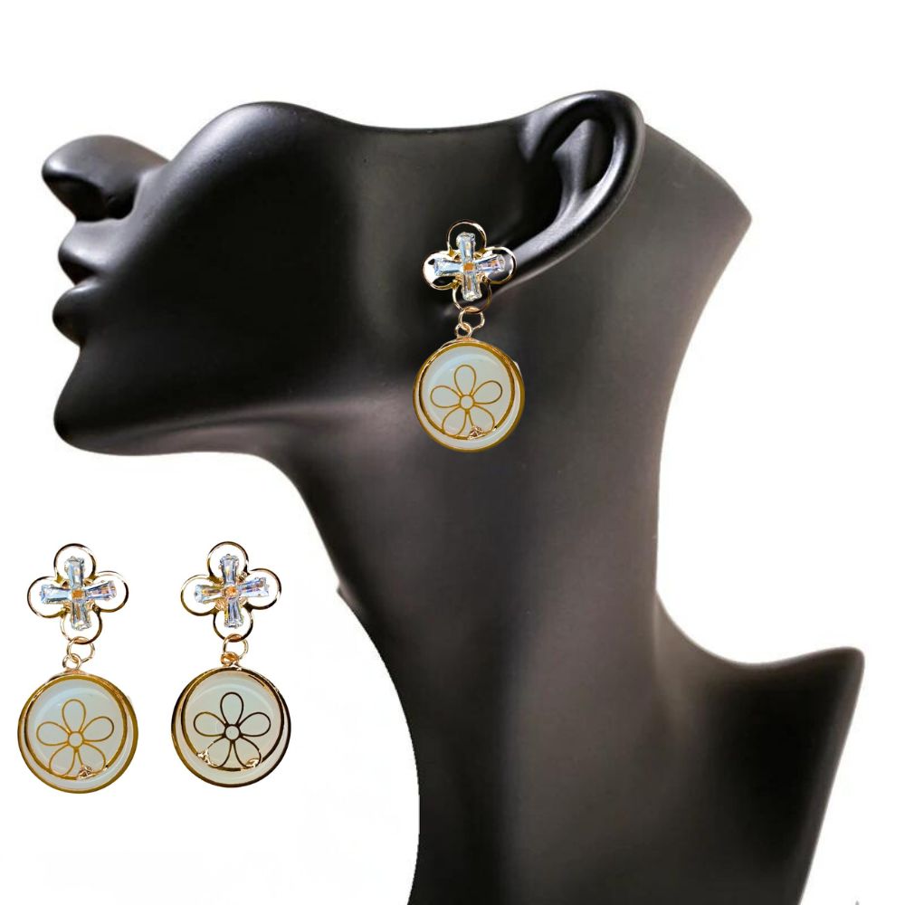 Gold-plated crystal flower drop earrings featuring a clover-shaped crystal design and delicate floral charm, perfect for weddings and parties.