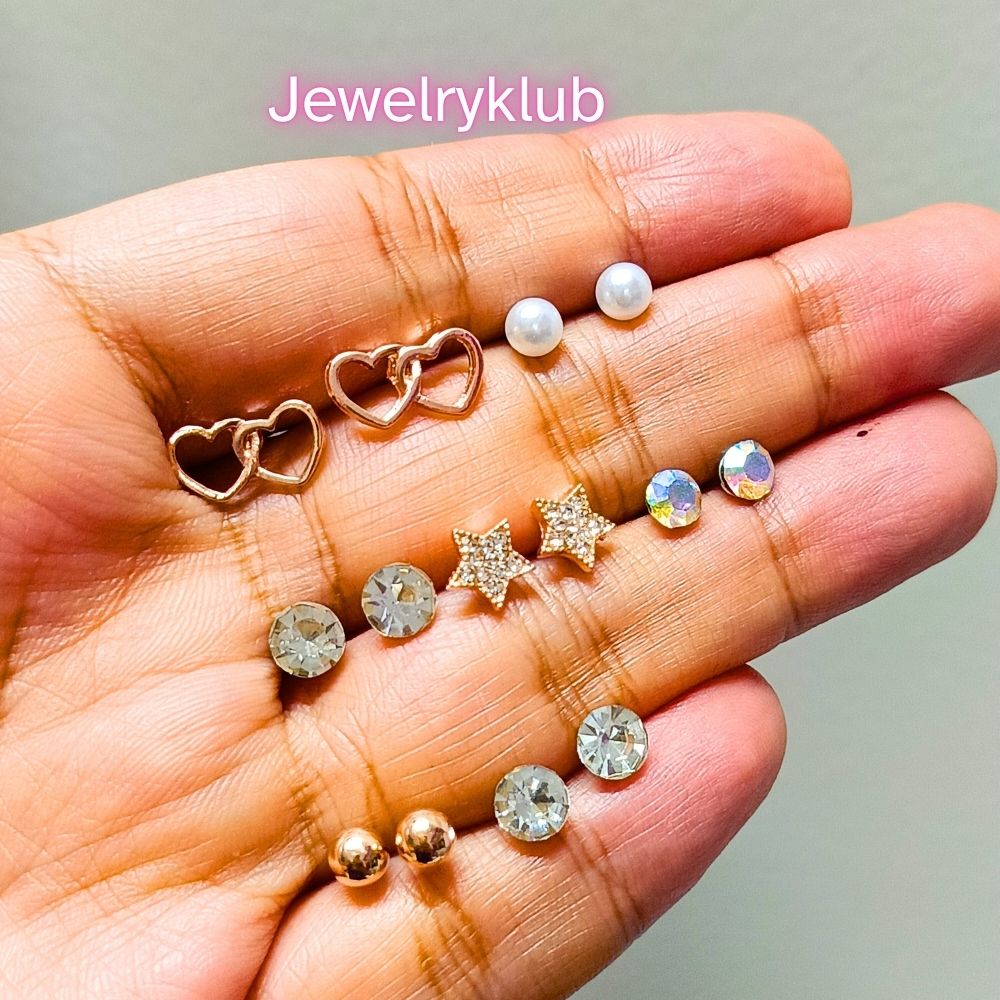 Combo Set Of 7 Pairs Rose Gold Plated Stud Earrings For Women and Girls (Design 4)