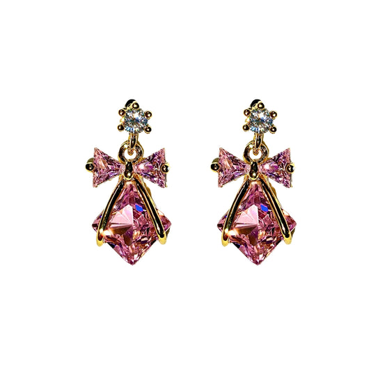 92.5 Sterling Silver Plating Elegant Pink Bow Drop Earrings