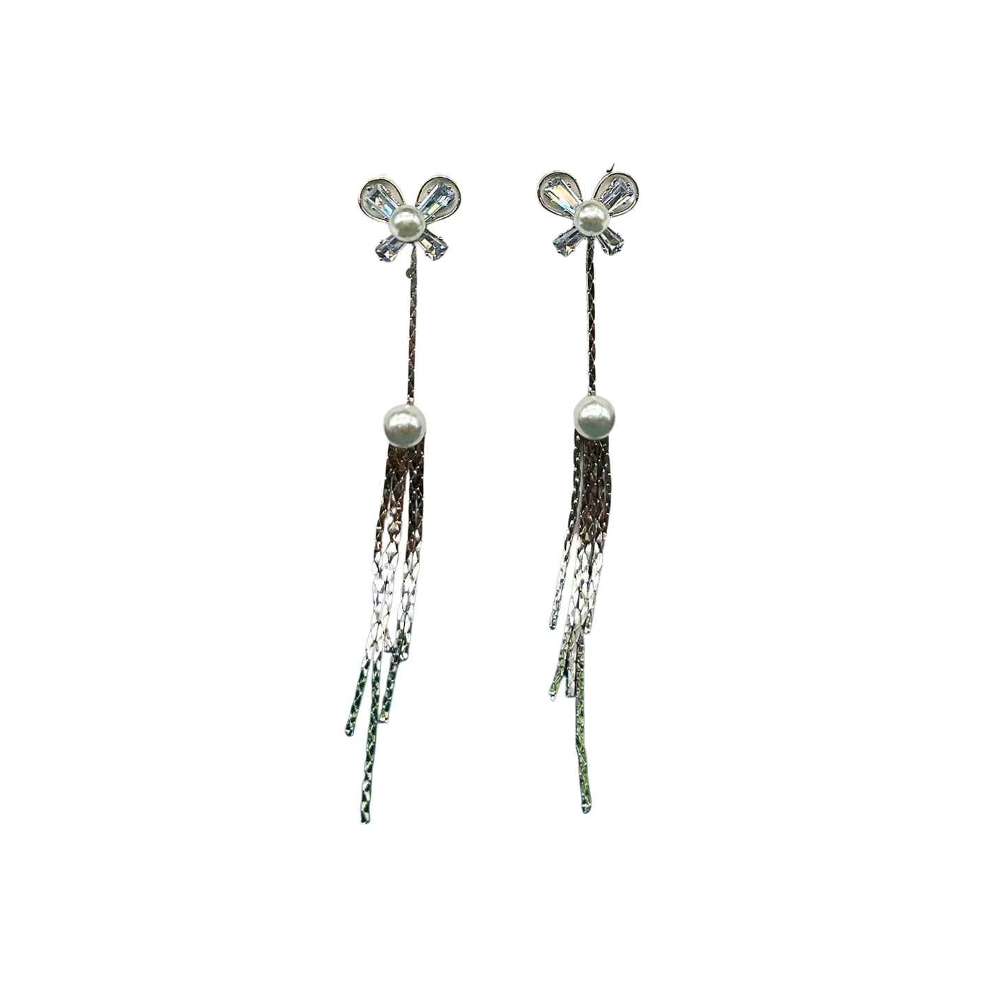 Silver-Plated Bow & Pearl Long Drop Earrings – Elegant Statement with Feminine Flair 92.5 Silver Plating