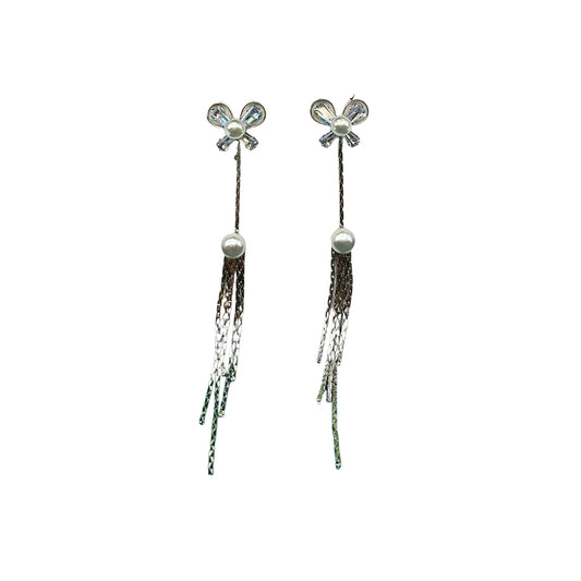 Silver-Plated Bow & Pearl Long Drop Earrings – Elegant Statement with Feminine Flair 92.5 Silver Plating