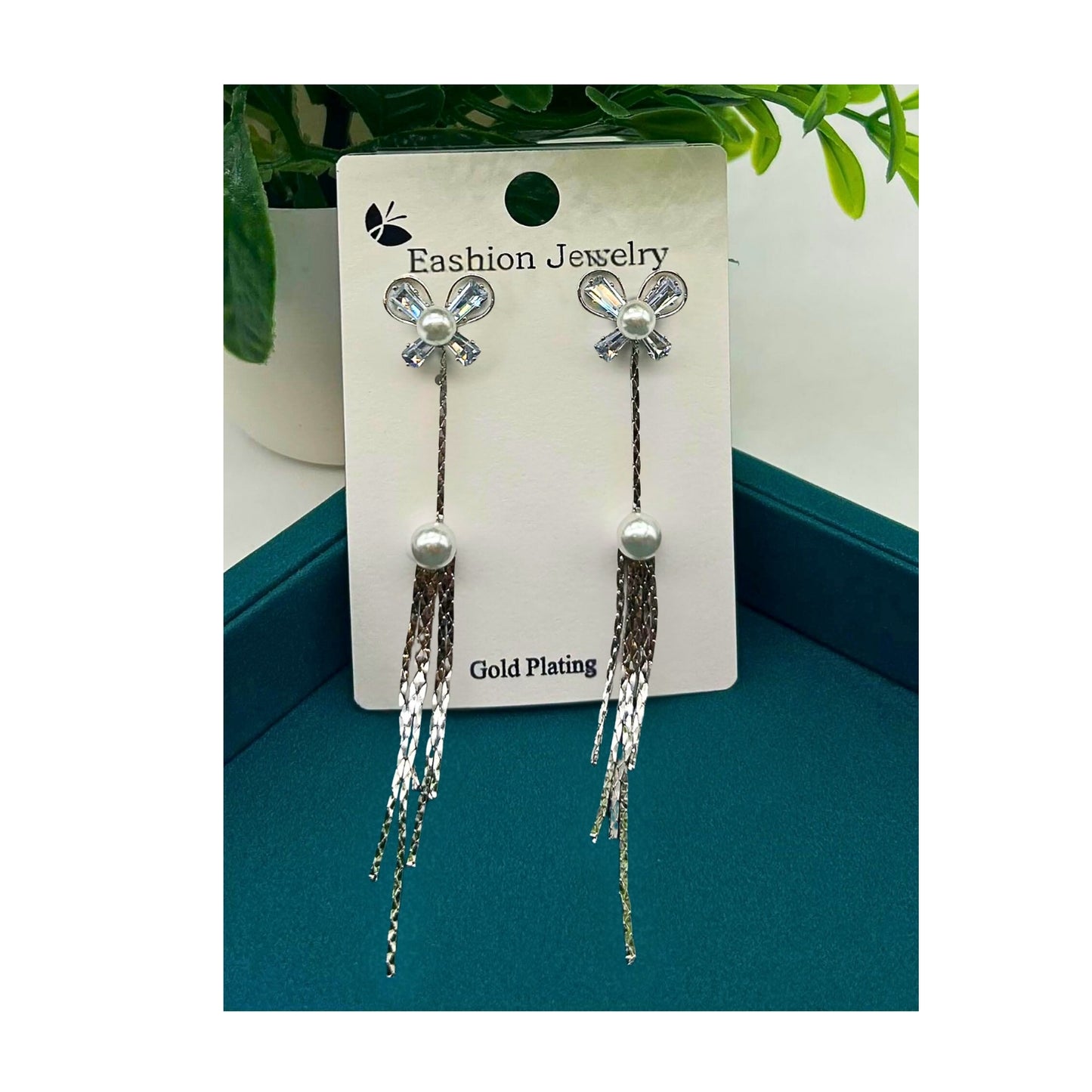 Silver-Plated Bow & Pearl Long Drop Earrings – Elegant Statement with Feminine Flair 92.5 Silver Plating