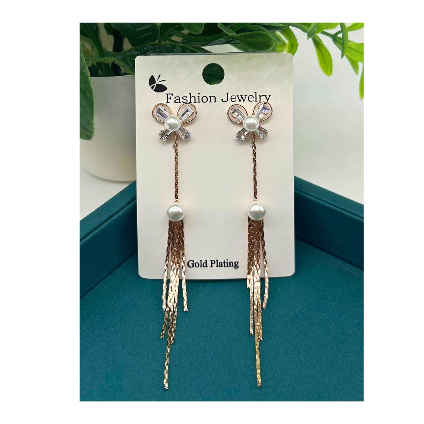 Rose gold-Plated Bow & Pearl Long Drop Earrings – Elegant Statement with Feminine Flair 92.5 Silver Plating