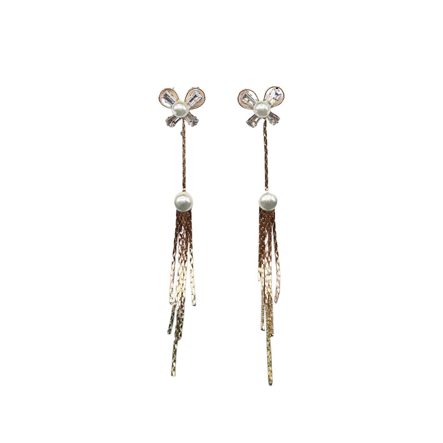 Rose gold-Plated Bow & Pearl Long Drop Earrings – Elegant Statement with Feminine Flair 92.5 Silver Plating