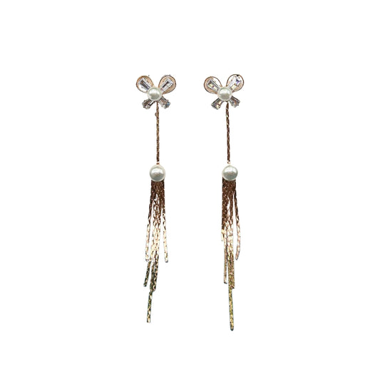 Rose gold-Plated Bow & Pearl Long Drop Earrings – Elegant Statement with Feminine Flair 92.5 Silver Plating